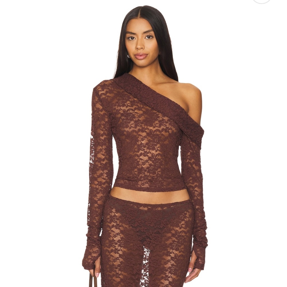 Lioness Brown One Shoulder Lace Blouse and Skirt Set